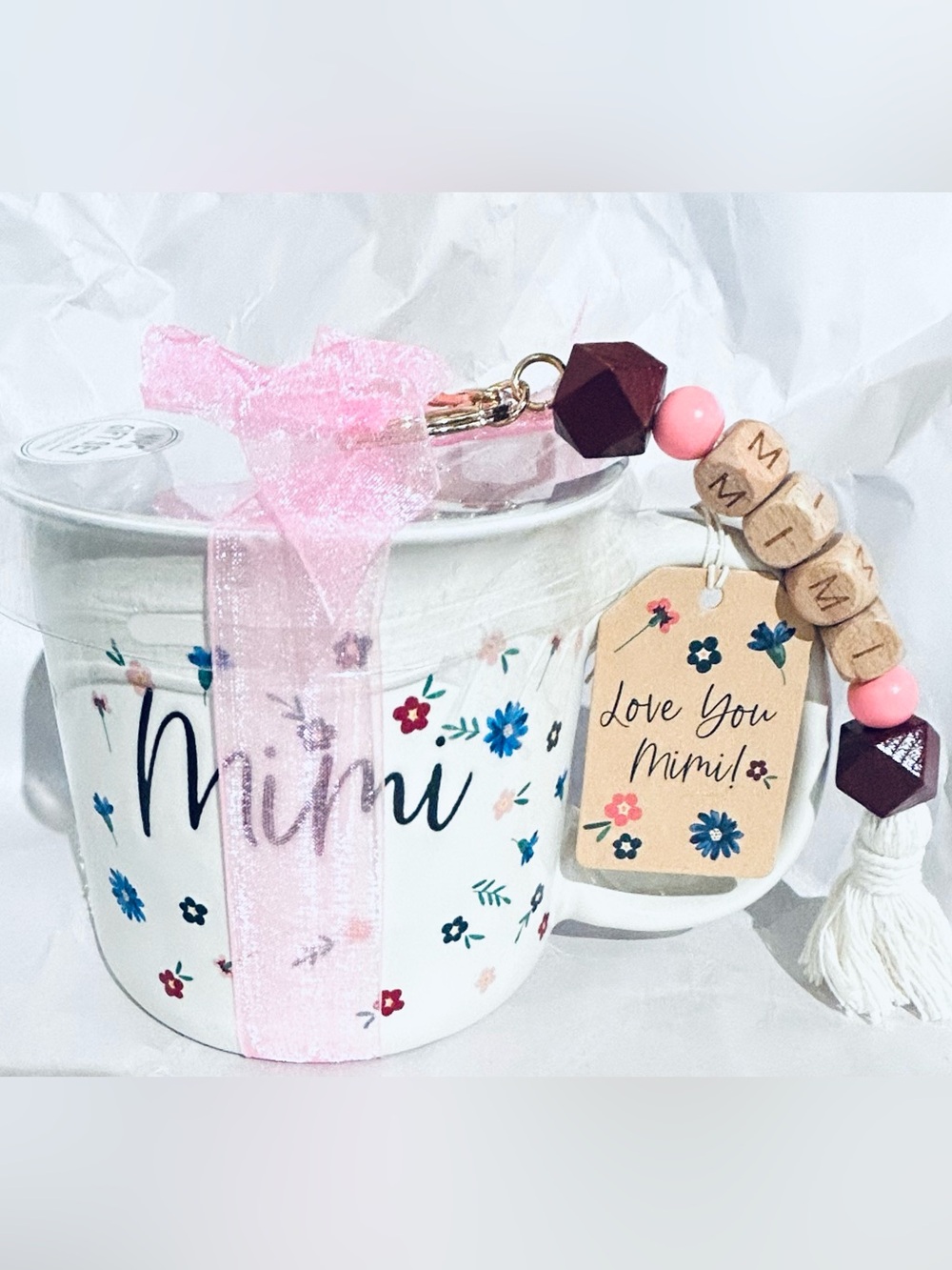 Mimi Floral Ceramic Mug with Pink Ribbon and Beaded Charm